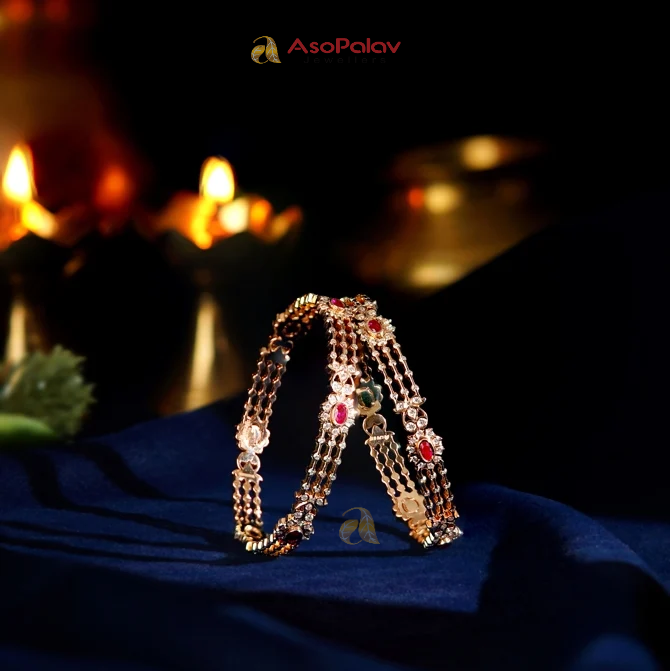 Flower-Shaped Diamond Bangle with Red Color Stones | Asopalavjewellers